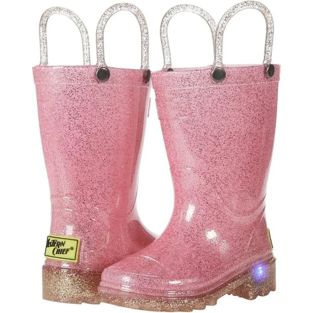 Western Chief Sparkle Lighted Girls 5 Pink Pull On Mid Calf Rain Boots JOBB2103